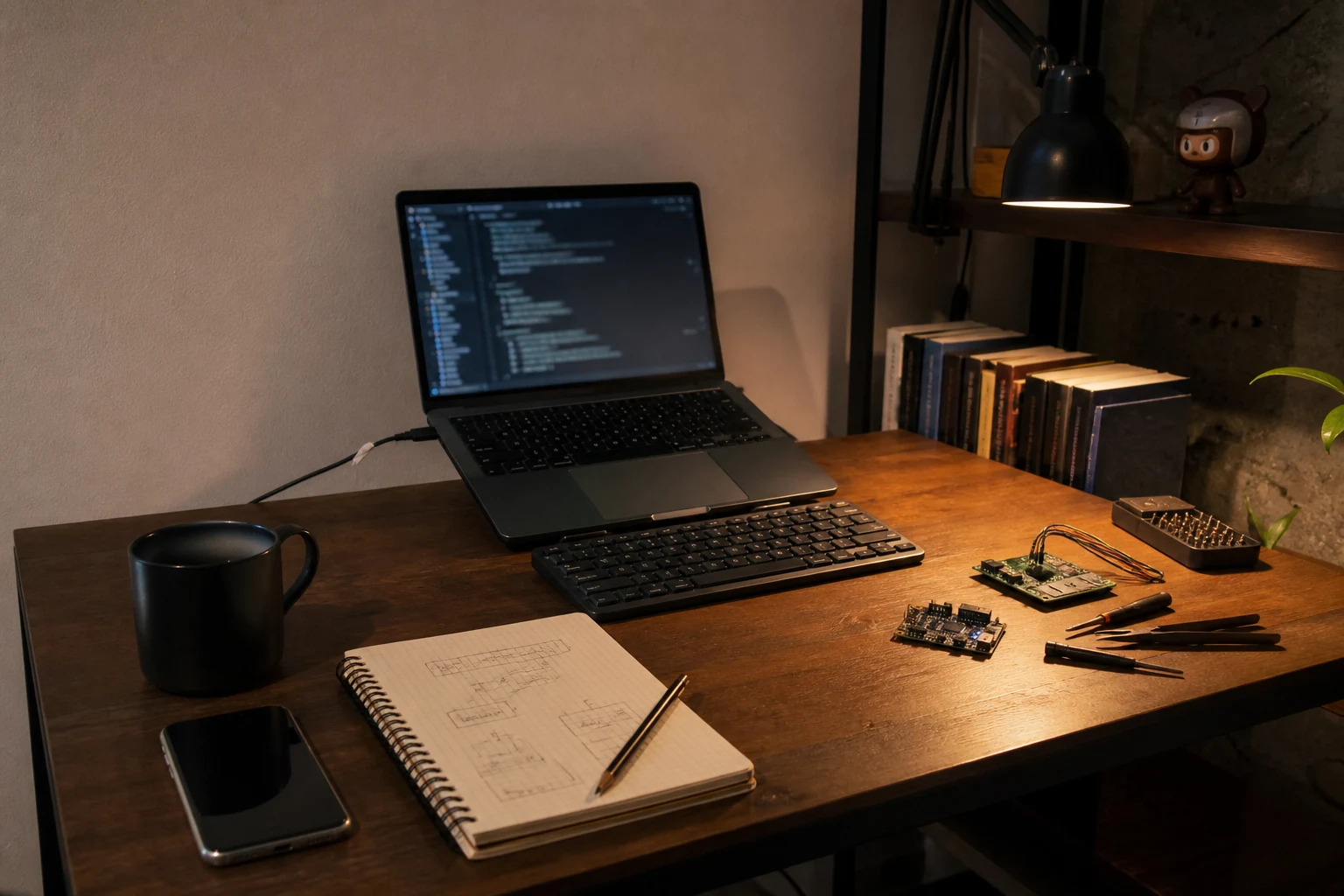 Oficina criativa com notebook, eletrônica e rascunhos sob iluminação quente